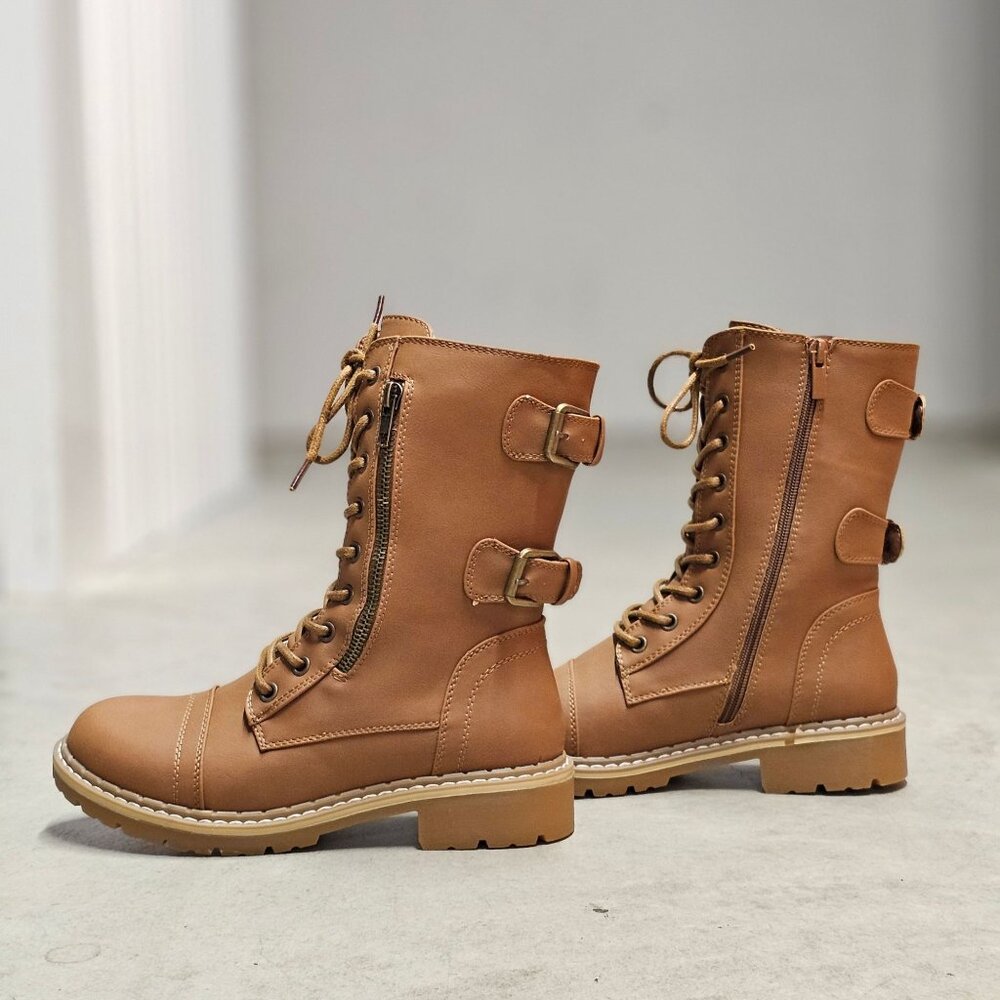 Womens Tan Lace-Up & Side-Zip Combat Boots With Adjustable Buckles Chunky Sole A - Picture 7 of 7